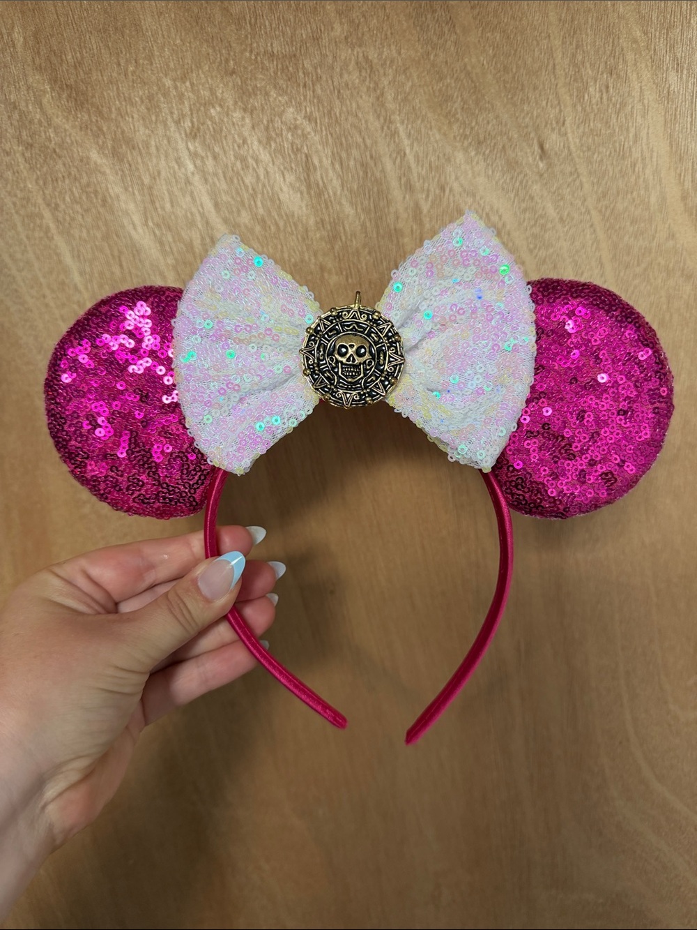 Sequin Pink Pirate Minnie Ears Headband with Iridescent Bow